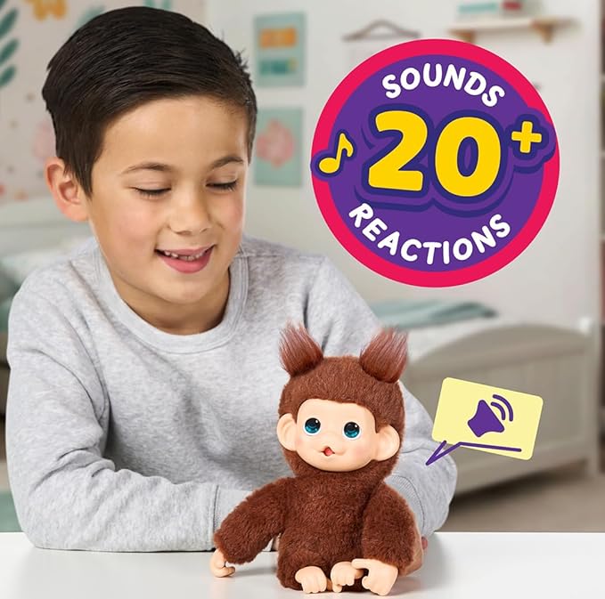 Little Live Pets Baby Monkey Minis – Chikki Cherry. Interactive Pet Toy. 20+ Sounds & Reactions. Soft Brown Fur. 7.4" Tall. Super Realistic. Feed, Nurture, React. Grippy Hands & Feet. Collect All 3
