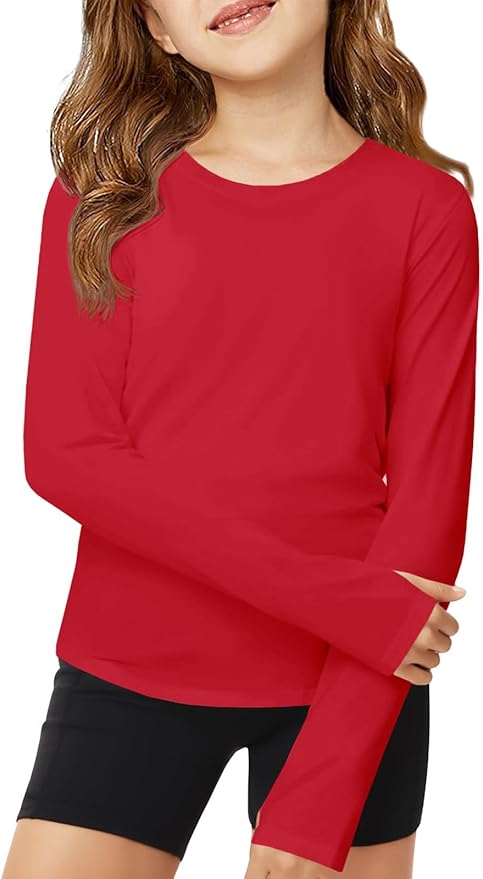 ZDC Girls Long Sleeve Athletic Shirts Kids Crewneck Quick Dry Workout Yoga Tops Basic Tees Activewear