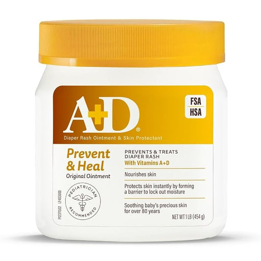 A+D Original Diaper Rash Ointment Prevents & Treats Diaper Rash, Moisturizing Skin Protectant with Vitamins A & D, Healing Skin Ointment for Dry and Cracked Skin 16 oz