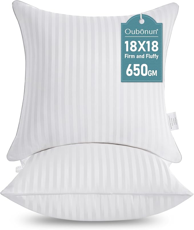 Oubonun 18 x 18 Throw Pillow Inserts Set of 2 | Firm and Fluffy Decorative Square Pillows for Couch Bed Sofa with Soft Cotton Cover White Cushion with Down Alternative