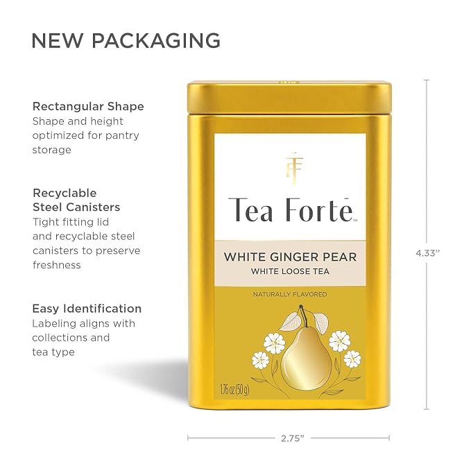 Tea Forte White Ginger Pear Premium Loose Leaf Caffeinated White Tea Blend Canister, Makes 35-50 Cups