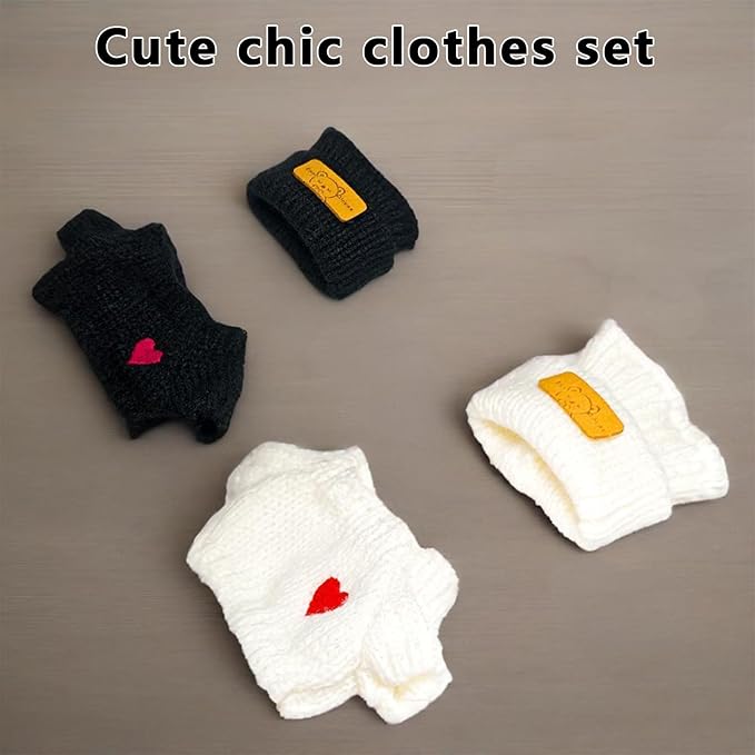 17cm Doll Clothes Outfits - Cozy Knit Top & Beanie Hat for Plush/Blind Box Collectibles (White&Black Sweater)