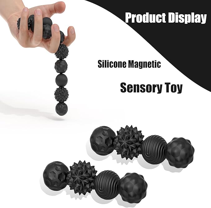Large Magnetic Sensory Fidget Ball Toy, 4Pcs Silicone Sensory Stress Relief Toys for Adults, Teens with Autism, ADHD, Anxiety, Stocking Stuffers for Women Men Teen Gift (Blcak-4, Large)