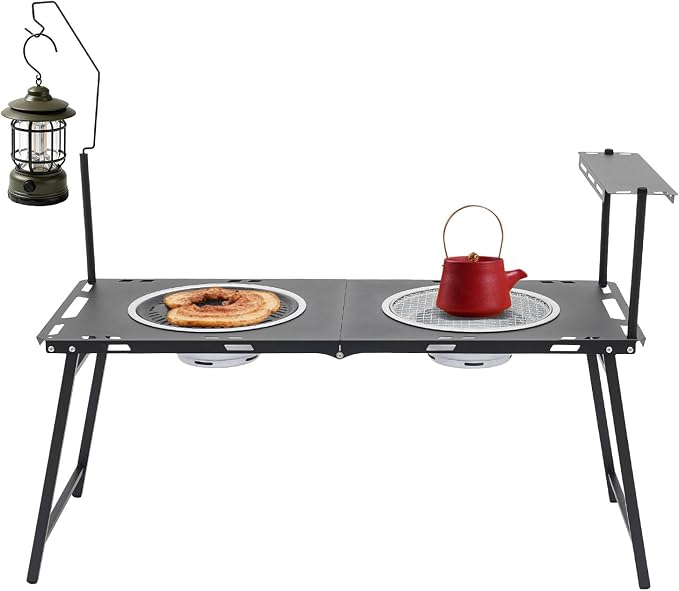 Portable Charcoal Grill Table, Folding Korean BBQ Camping Station with Dual Grill Racks, Frying Pan, Side Shelf & Lantern Stand, High-Carbon Steel for Outdoor Picnic, Barbecue & Travel