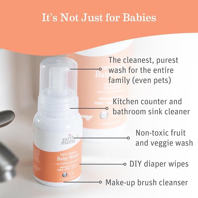 Earth Mama Sweet Orange Baby Wash Liquid Hand Soap Refill, Body Wash for Sensitive Skin, All Purpose Castile Soap Liquid with Coconut Oil, Shea Butter, Calendula & Aloe, 34 fl oz