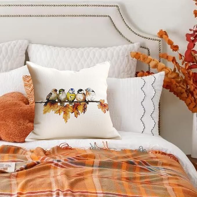 RABUSOFA Fall Pillow Covers 16x16 Inch Watercolor Bird Autumn Decorations for Home Outdoor Thanksgiving Decor Maple Leaf Decorative Throw Pillow Cases Farmhouse for Couch Sofa