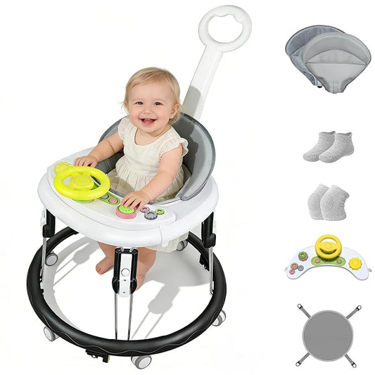 Foldable Baby Walker for Boys Girls, 5-in-1 Toddler Activity Walkers | Adjustable Height, Music Tray, Detachable Seat, Mute Wheels, Anti-Rollover, Knee Pads Socks Foot Pad, Portable, 8-24 Months