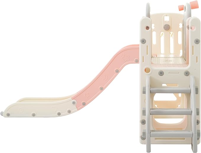 11in 1 Toddler Slide, Kid Slide for Toddlers Age 1-3 with Telescope, Basketball Hoop, and Telescope, Indoor Outdoor Playset Playground Pink Bei'ge