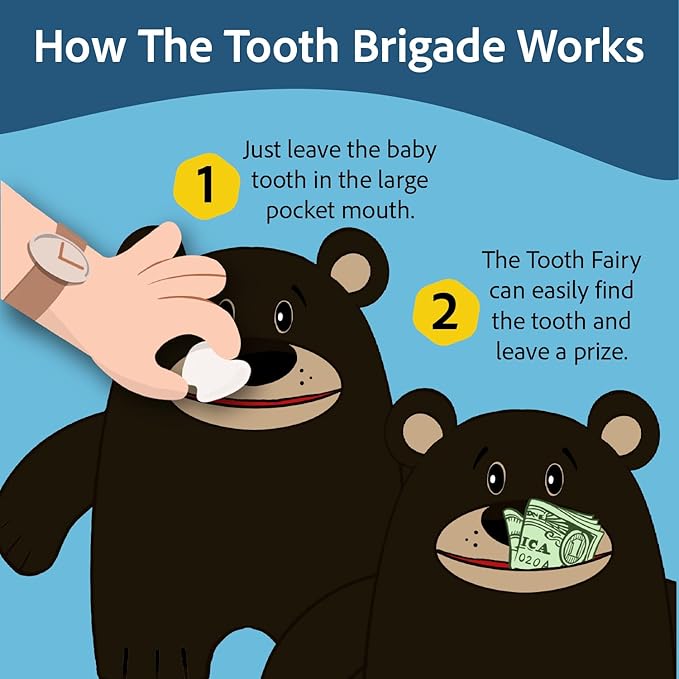 The Tooth Brigade Tooth Fairy Pillow | Stuffed Plush with Large Pocket Mouth for Lost Teeth, Treasures, Prizes - Fun and Interactive Plush, Perfect Kids, Boys, & Girls Gift (Acorn Black Bear)