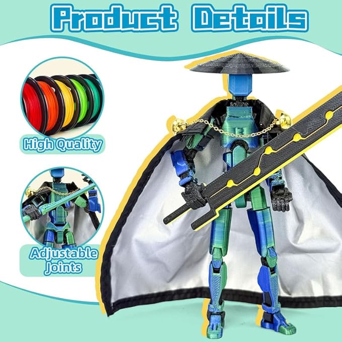 Assembly Completed T13 Action Figures,T 13 Action Figure, Robo 13 3D Printed Action Figure - The Ultimate Hero for Action-Packed Playtime,5.2 Inch (Blue Green)