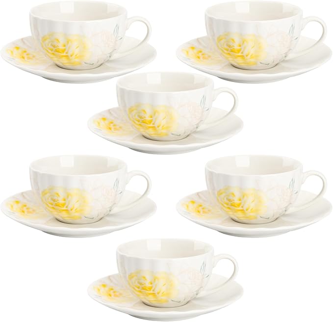 BTaT- Floral Tea Cups and Saucers Set, 7 oz, Set of 6, Porcelain Tea Cups with Saucers, Dishwasher Safe, Coffee Cup & Saucer for Women, Wedding Gift, Parties & Gifting