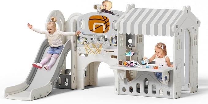 BIERUM 10 in 1 Toddler Slide with Basketball Hoop, Outdoor Slide for Toddlers Age 1-3 with Kid Playhouse, Indoor Toddler Playset Toddler Playground with Kitchen Toys Set Beige Gray