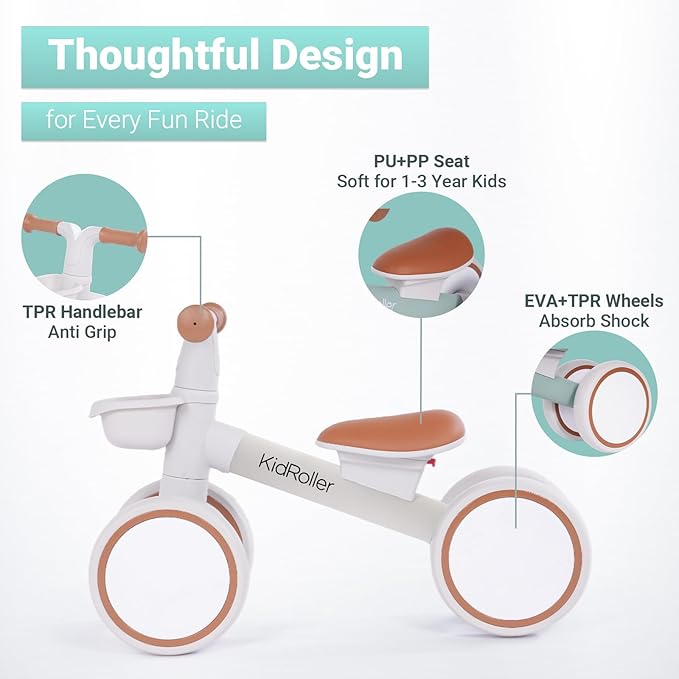 Kid's Balance Bikes for 1 Year Old Boys and Girls, 12-24 Months Toddler Ride-on with Adjustable Seat and a Front Basket, First Birthday Gifts (White)