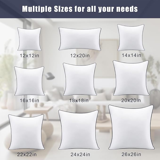 Throw Pillow Inserts Set of 2-Fluffy Square Cushions with 100% Cotton Covers-Decorative White Pillow Fillers for Sofa, Bed, Couch, Living Room, Indoor Hotel Pillows (20x20 Inch (Pack of 2)-Blue Edge)