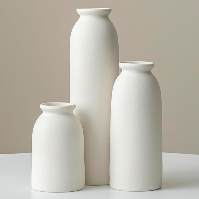 Ceramic Vase Set-3, Small Flower Vases for Decor, Modern Boho Farmhouse Style, 10.3 Inch Tall, Bisque White Color, Decorative Vases for Pampas Grass, Dried Flowers and Fresh Flowers (L Natural White)