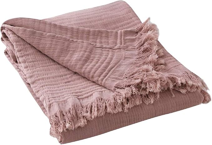 Simple&Opulence Cotton Muslin Throw Blanket for Bed, Couch, Knit Woven Gauze Blanket with Tassels, Soft Lightweight Cozy Pre-Washed Breathable Farmhouse Decoration for All-Season (Dusty Rose)