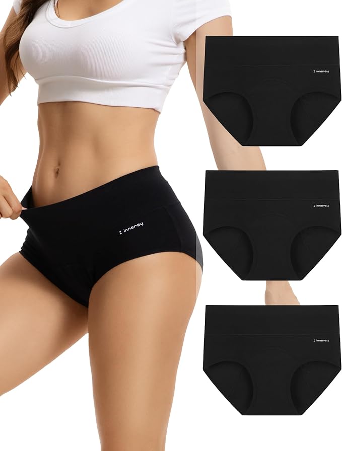 INNERSY Period Underwear for Women Leakproof High Waisted Menstrual Cotton Panties 3 Pack