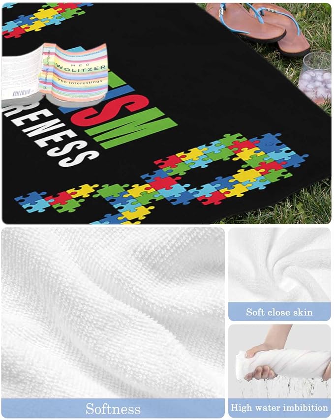 YOUNGKIDS Abstract Retro Large Beach Towels - 30x60in Microfiber Beach Towels Autism Awareness Jigsaw Blocks Pieces Black Quick Dry Lightweight Beach Pool Towel for Travel Camping Yoga