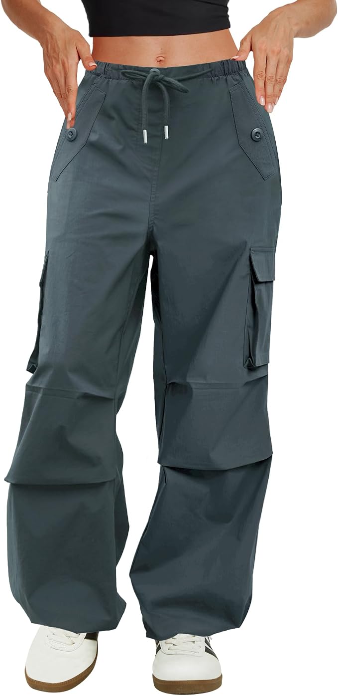 COPYLEAF Cargo Pants Women Low Waisted Parachute Pants with Pockets Loose Baggy Hiking Pants Y2K Clothes