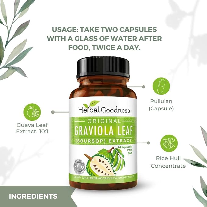 Herbal Goodness Soursop Capsules - 4X Strength Guanabana Soursop Leaves Extract for Cell Function & Immune Support | Digestive Health Supplement - Non GMO, USDA Organic Graviola 60 Vegan Pills 700mg