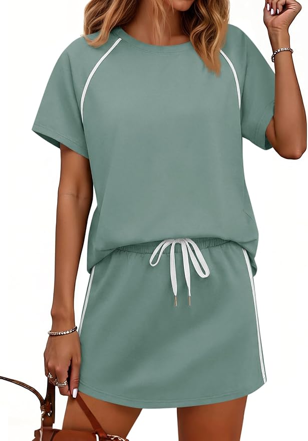 Womens 2 Piece Skirt Sets Summer Tennis Outfits Vacation Skort Set | Two Piece Sets, Short Set, Athletic Workout Golf Outfits, Crew Neck, Color Block, Drawstring, Workout Mathcing Lounge Sets