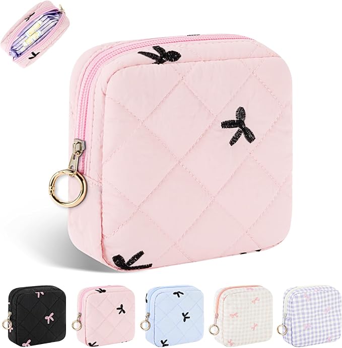 Period Bag for Teen Girls, Quilted Sanitary Napkin Storage Bag, Cute Bow Tie Menstrual Pad Pouch Tampon Holder (Pink)