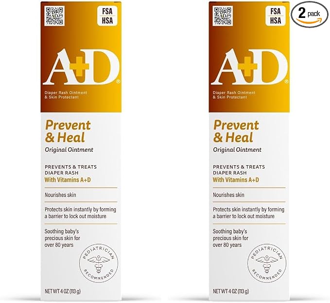 A+D Original Diaper Rash Ointment Prevents & Treats Diaper Rash, Moisturizing Skin Protectant with Vitamins A & D, Healing Skin-Ointment for Dry and Cracked Skin 4oz (Pack of 2)