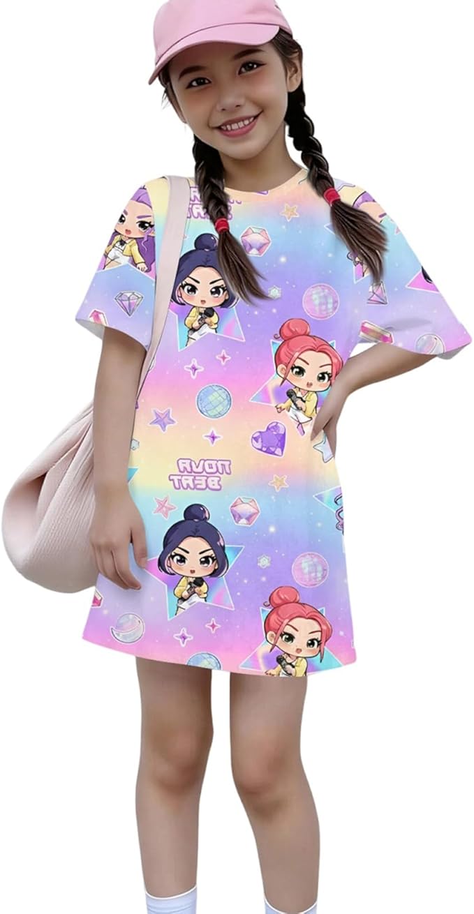 Girl's Anime K-POP Graphic Long Dress T-Shirt - Casual Loose Fit Short Sleeve Top