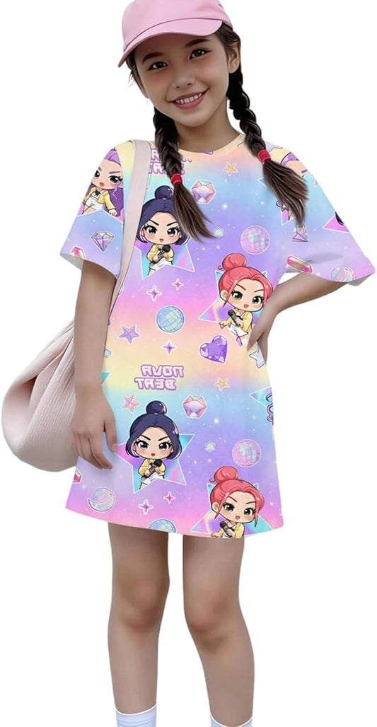 Girl's Anime K-POP Graphic Long Dress T-Shirt - Casual Loose Fit Short Sleeve Top
