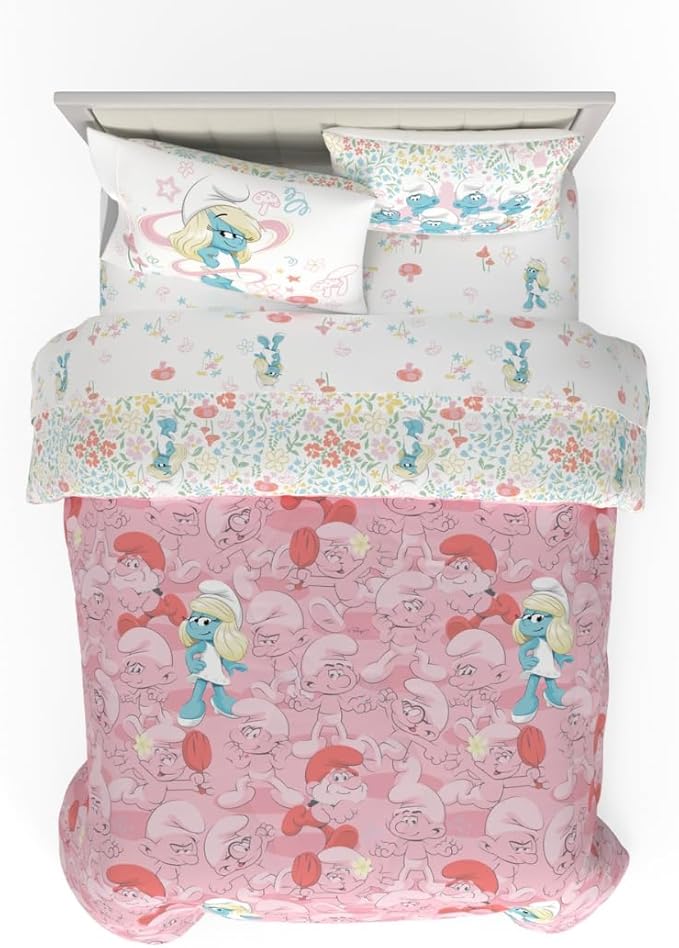The Smurfs Smurfette Full Bedding Set – 7 Piece Kids Super Soft Microfiber Reversible Comforter & Sheet Set - Pink, (Officially Licensed Product) by Franco