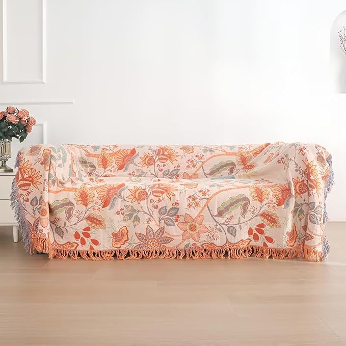 Boho Throw Blanket for Bed 100% Cotton Bohemian Blankets Ultra Soft Woven Muslin Decorative Blankets All Seasons Vintage Quilt Knitted Blanket for Sofa Chair(Orange, 80"x90")