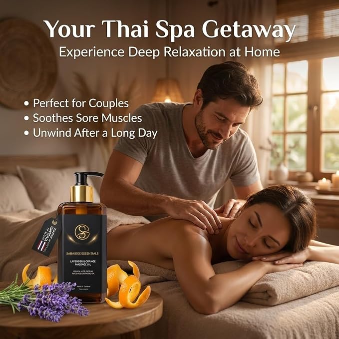 Aromatherapy Massage Oil - Lavender & Orange Thai Body Oil for Massage Therapy - Relaxing Scented Body Massage Oil with Jojoba, Argan, Aloe, Avocado & Almond, Large 10 Fl Oz