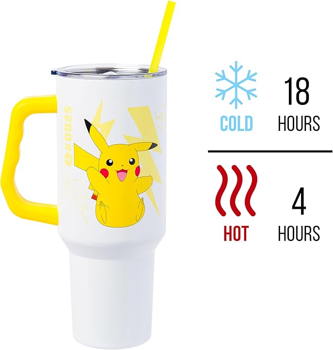 Silver Buffalo Pokémon Double Walled Stainless Steel Tumbler with Handle Featuring Pikachu, Fits in Standard Cup Holder, 40 Ounces