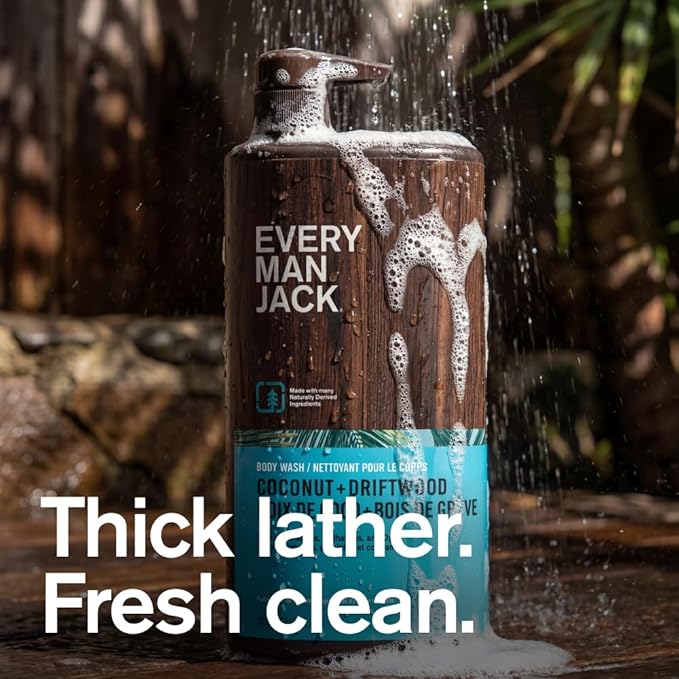 Every Man Jack Coconut + Driftwood Mens Body Wash for All Skin Types - Cleanse, Hydrate, and Smell Great - Free of Parabens, Phtalates, and Dyes - 33.8 fl oz - 2 Pack