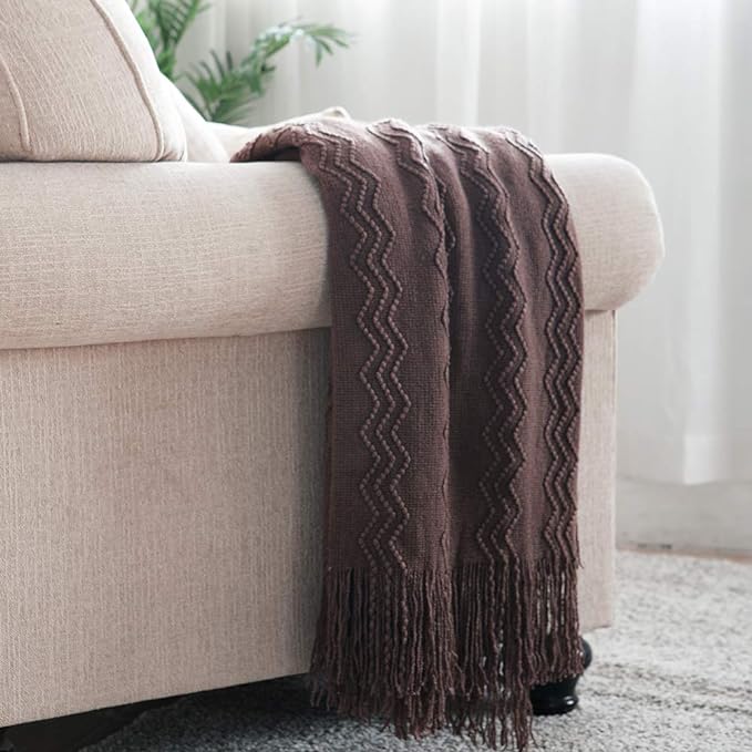 BOURINA Brown Throw Blanket 50x60 Inch Boho Knitted Soft Throw Sofa Blanket | Knitted Throw Blanket 50x60 Inches, Soft Lightweight Boho Weave Throw Decorative Couch Blanket for Living Room Bedroom Chair