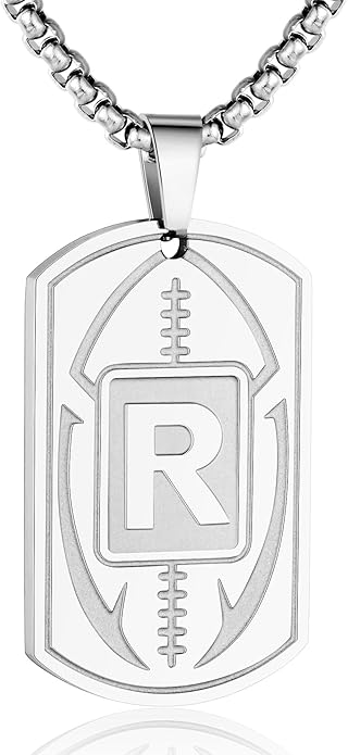 Initial A-Z Dog Tag Necklace for Men - Football Charm Pendant, Stainless Steel Chain 22+2 Inches, Personalized Sports Athletes Jewelry Gift
