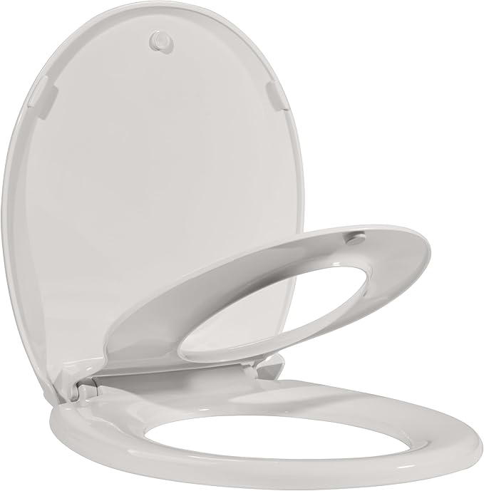 17" Round Potty Training Toilet Seat, Built-In Soft Quiet Close Lid with Magnetic Biscuit Color Kids Seat and Non-Slip Design, Easy to Install and Clean