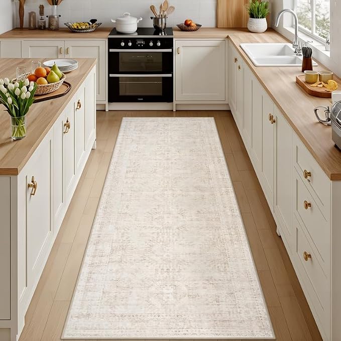 2'6''x8' Hallway Washable Runner Rug: Vintage Boho Neutral Kitchen Rug Soft Small Area Rug Indoor Floor Non-Slip Low Pile Carpet for Farmhouse Entryway Laundry Bathroom Bedroom Beside Rugs Beige