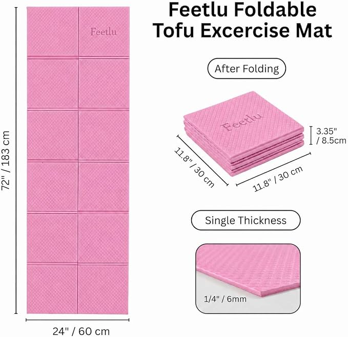 Foldable Yoga Mat, 6mm Thick, 72L x 24W Inch, Lightweight, Anti-Slip, and Easy to Store – Perfect for Travel, Yoga, Pilates, Home Workouts, and Floor Exercises