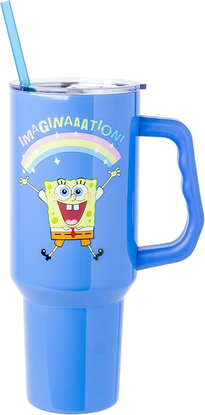 Silver Buffalo SpongeBob SquarePants “Imaginaaation!” Double Walled Stainless Steel Tumbler with Handle, Fits in Standard Cup Holder, 40 Ounces