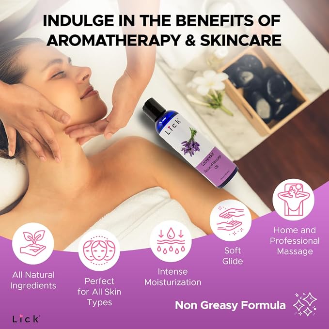 Lick Lavender Massage Oil – Calming Aromatherapy Massage Oil with Sweet Almond Oil & Vitamin E, Relaxing Floral Scent for Stress Relief & Couples Massage, 4 oz