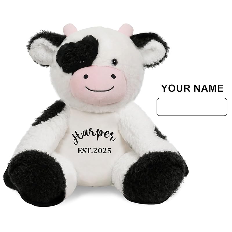 Personalized Cow Stuffed Animal, Milk Cow Plushie with Custom Name Date Message, 13.5" High 9.8"Width Black White Cows Soft Cuddle Gift for Baby Toddler Boy Girl Kids