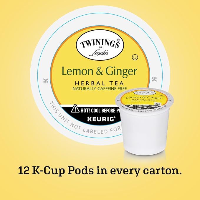 Twinings Tea K-Cups, Lemon & Ginger Tea - Wellness Tea, Naturally Caffeine-Free Herbal Tea K-Cups for Keurig, 12 Count
