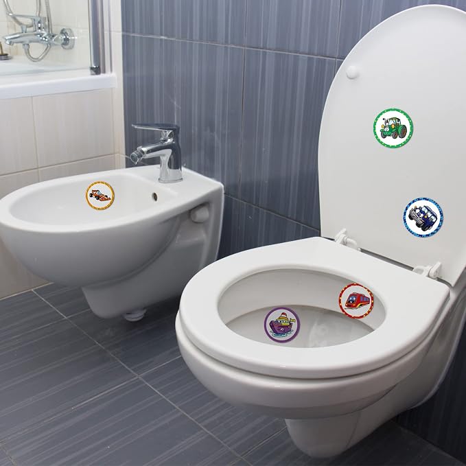 Eersida 120 Pcs Toilet Targets for Potty Training Boy Pee Tinkle Target Travel Potties Flushable Car Animal Potty Training Sticker You Pee on Toilet Aiming Target for Toddler Boy(Transportation Style)