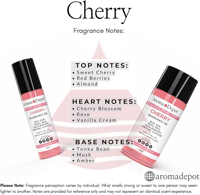 Aroma Depot 2 fl oz Cherry Fragrance Oil for Candles, Soap Making, Wax Melts, Diffusers, Body Oil Blends & Incense (60ml)