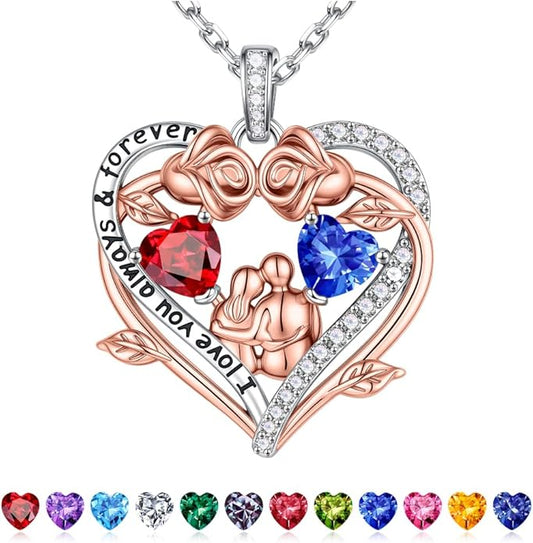 Iefil Valentines Gifts for Her Wife - 925 Sterling Silver Double Heart Birthstone Necklace, Anniversary Birthday Gifts for Women Wife Girlfriend