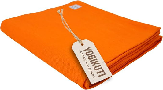 Yogikuti Iyengar Cotton Yoga Blanket Set of One – Thick Handwoven Yoga Blankets for Restorative Yoga, Meditation & Pranayama – Premium Cotton Yoga Blanket for Support & Comfort in Pranayama (Orange)
