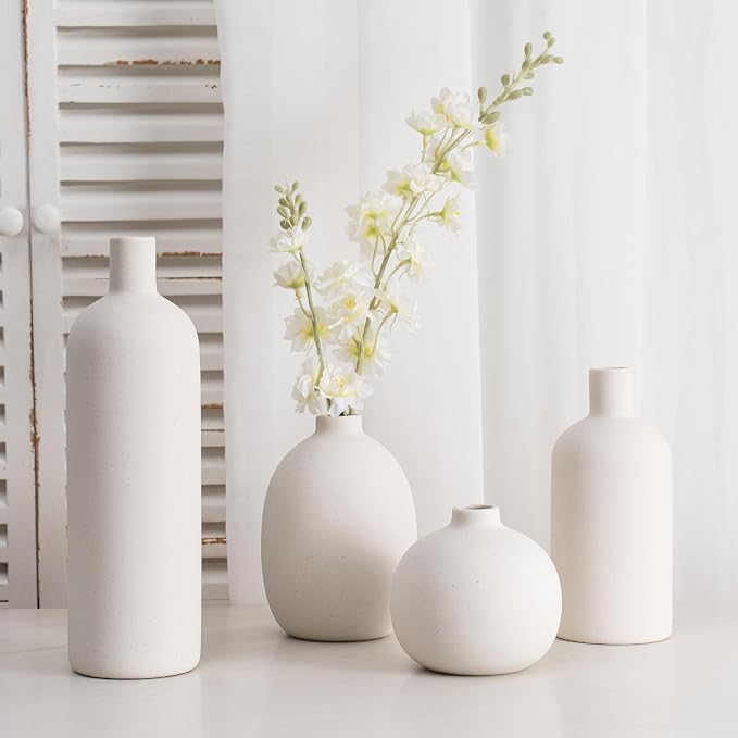 White Ceramic Vase Set of 4, Modern Minimalist Colors Home Decor, Decorative Flowers Vases for Bouquet, Pampas | Table Mantel Centerpiece Bookshelf Living Room Bedroom (White Set of 4)