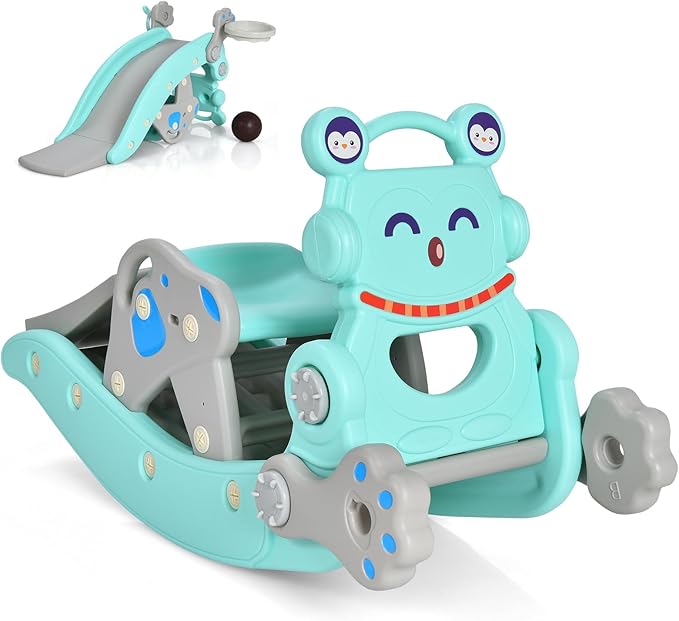 HONEY JOY Toddler Slide Rocking Toy, 6 in 1 Convertible Freestanding Slide for Kids w/Basketball Hoop/Ring Toss Game/Rocking Horse/Stool, Foldable Baby Climber Playground Slide for Indoors Outdoors