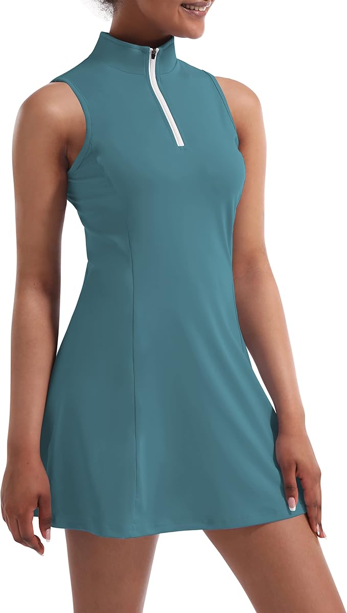 Tennis Dress for Women, Golf Dress with Shorts and Pockets Athletic Dress | Sleeveless Collared Half-Zipper Workout Sport Dress, Stretch Moisture Wicking Fabric, Tennis Golf Outfits